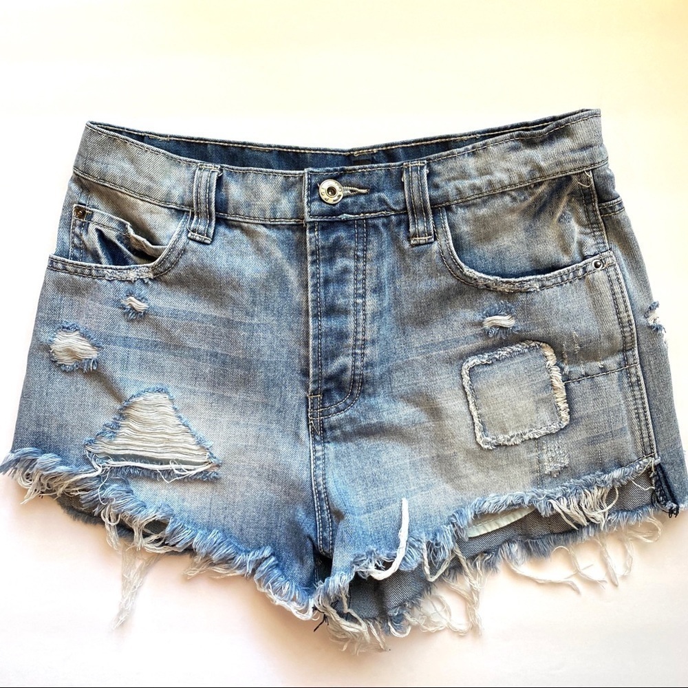 POL Evie Denim Patchwork Frayed Shorts Small
